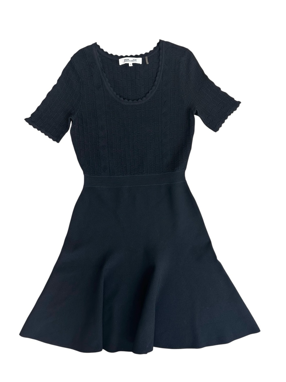 Diane Von Furstenburg Black Knit Fit and Flare Scalloped Scoop Neck Dress